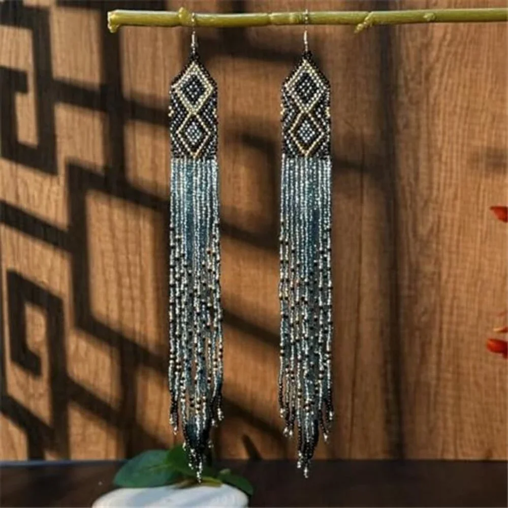 BOHEMIAN BLUE Gold Colorful Western style Beaded Long Earrings Festival Jewelry